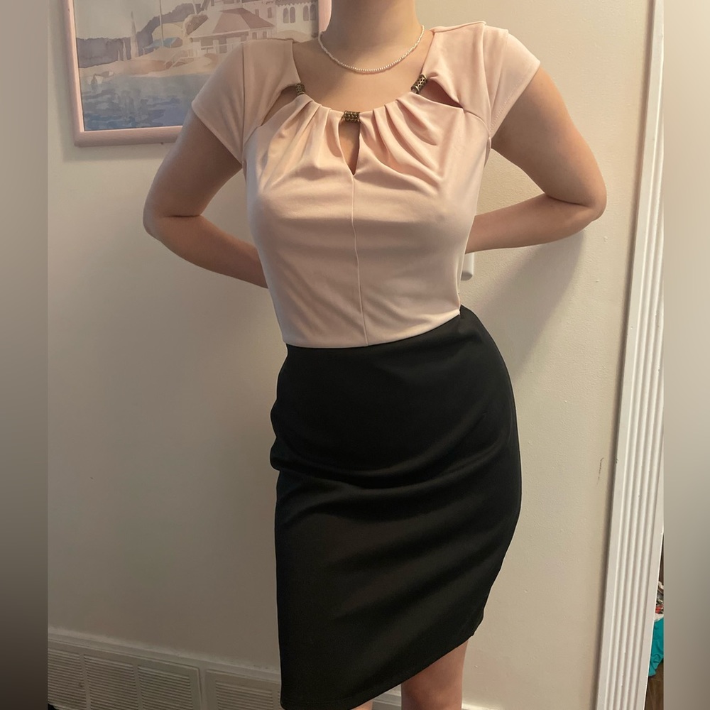 Business casual light pink and black dress!